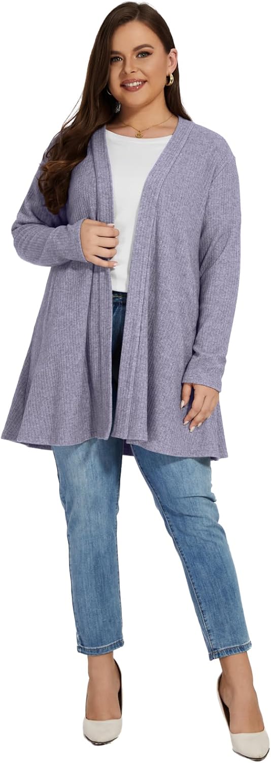 OVERWORETY Long Sleeve Open Front Cardigan Sweaters for Women Plus Size Tunic Tops with Pockets - Image 5