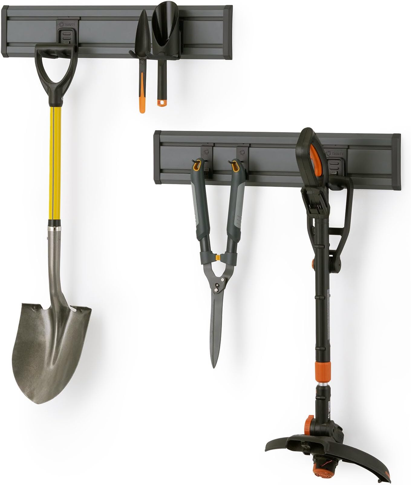 TRINITY 7-Piece Wall Mounted Storage Track System, Garage & Tool Organization Set with 2 PVC 28" Panels and 5 Hooks, Up To 150 Lbs Per Panel, Gray