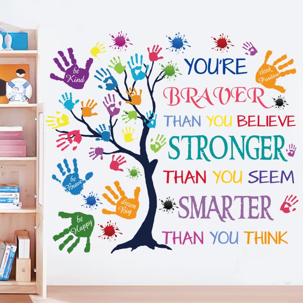 Colorida calcomanía de pared con cita inspiradora - You're Braver Than You Believe, Stronger Than You Seem, Smarter Than You Think, frases motivacionales, calcomanía de pared para habitación de niños,