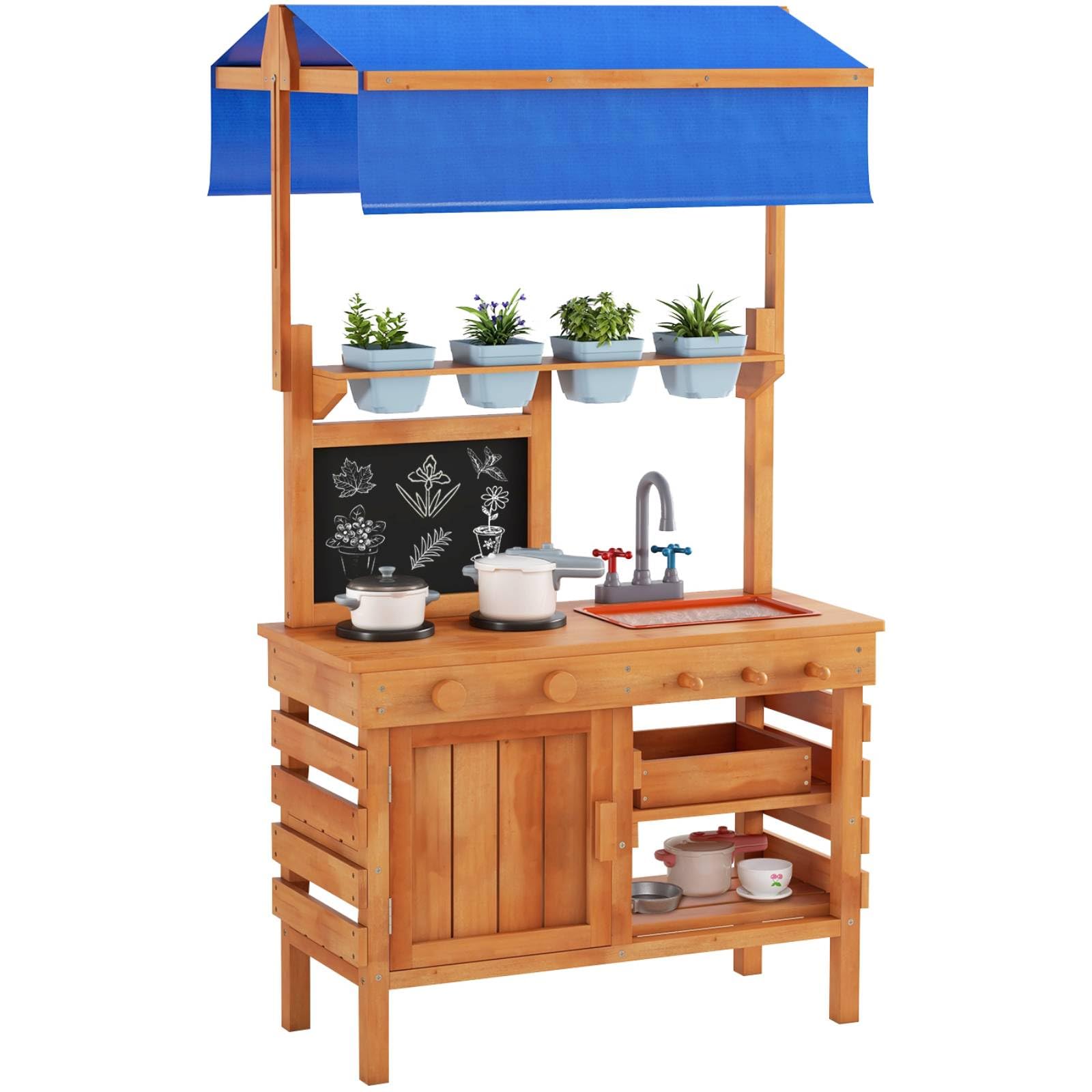 GYMAX Kids Mud Kitchen, Fir Wood Children Potting Bench Table