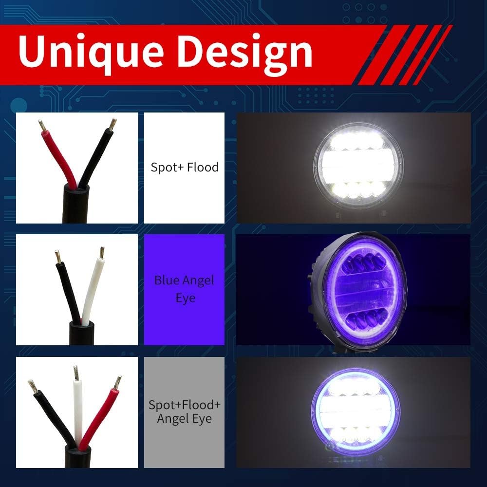 4PCS 96W Foco Led Tractor con Azul Angel Eyes,Faros Trabajo LED 12V 24V Focos de Coche LED Potentes Faros Adicionales Coche Luz de Niebla luz Auxiliar Moto 7200LM para Offroad Tractor Camión Barco