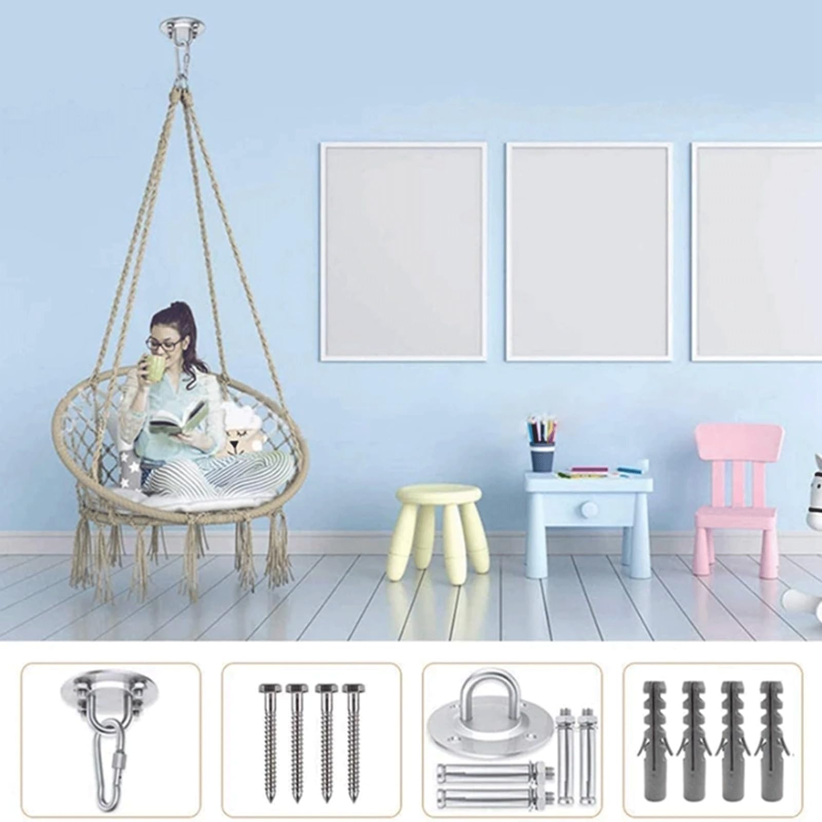 esmen Kit de herrajes for Colgar Columpios con 3 Ganchos, mosquetones y Tornillos for Yoga, hamacas gimnasios Interior