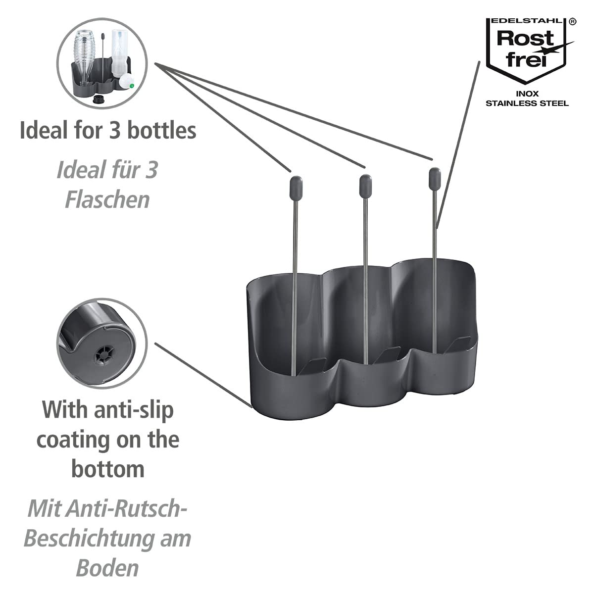 WENKO Portabottiglie Filia, supporto salvaspazio per riporre ad asciugare bottiglie d'acqua e borracce, con rivestimento antiscivolo, ideale per 3 bottiglie, 29 x 27 x 12,5 cm, in plastica ABS