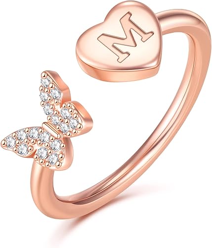 Anillos apilables con iniciales para mujeres y niñas, chapados en oro rosa, con letra mayúscula, para mujeres, adolescentes, niñas, anillos