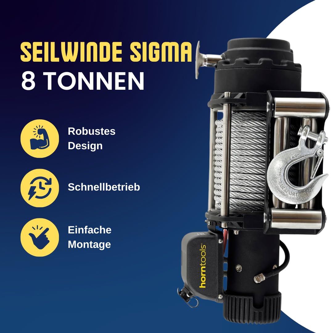 horntools Seilwinde 8,0 Tonnen Sigma Elektrowinde inkl. Fernbedienung, für ATV, Offroad, Motorwinde Seilzug (Stahlseil)