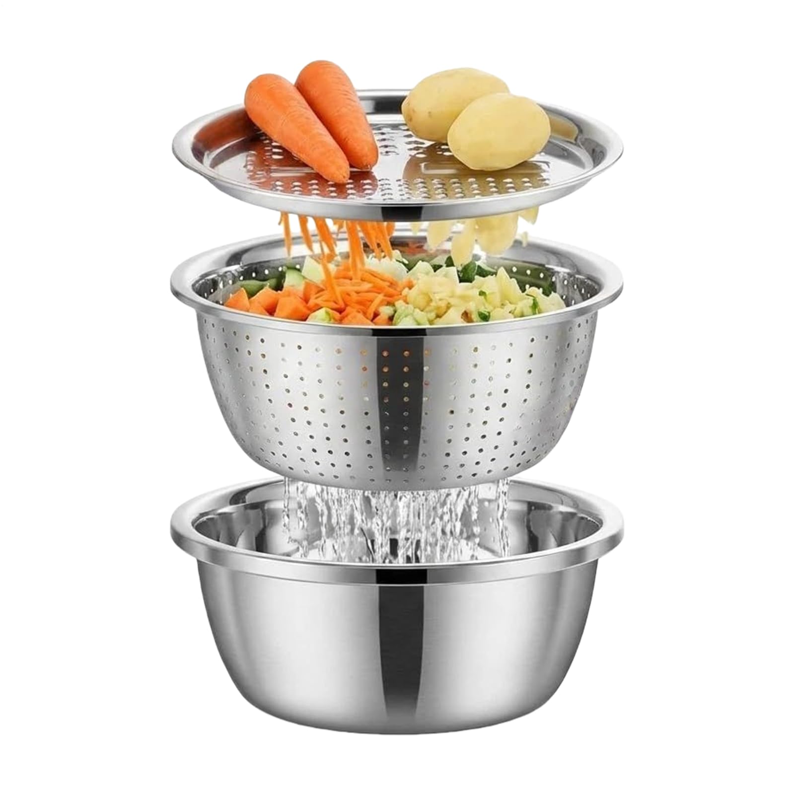 Bol râpeur en inox multifonction avec passoire intégrée pour vos salades