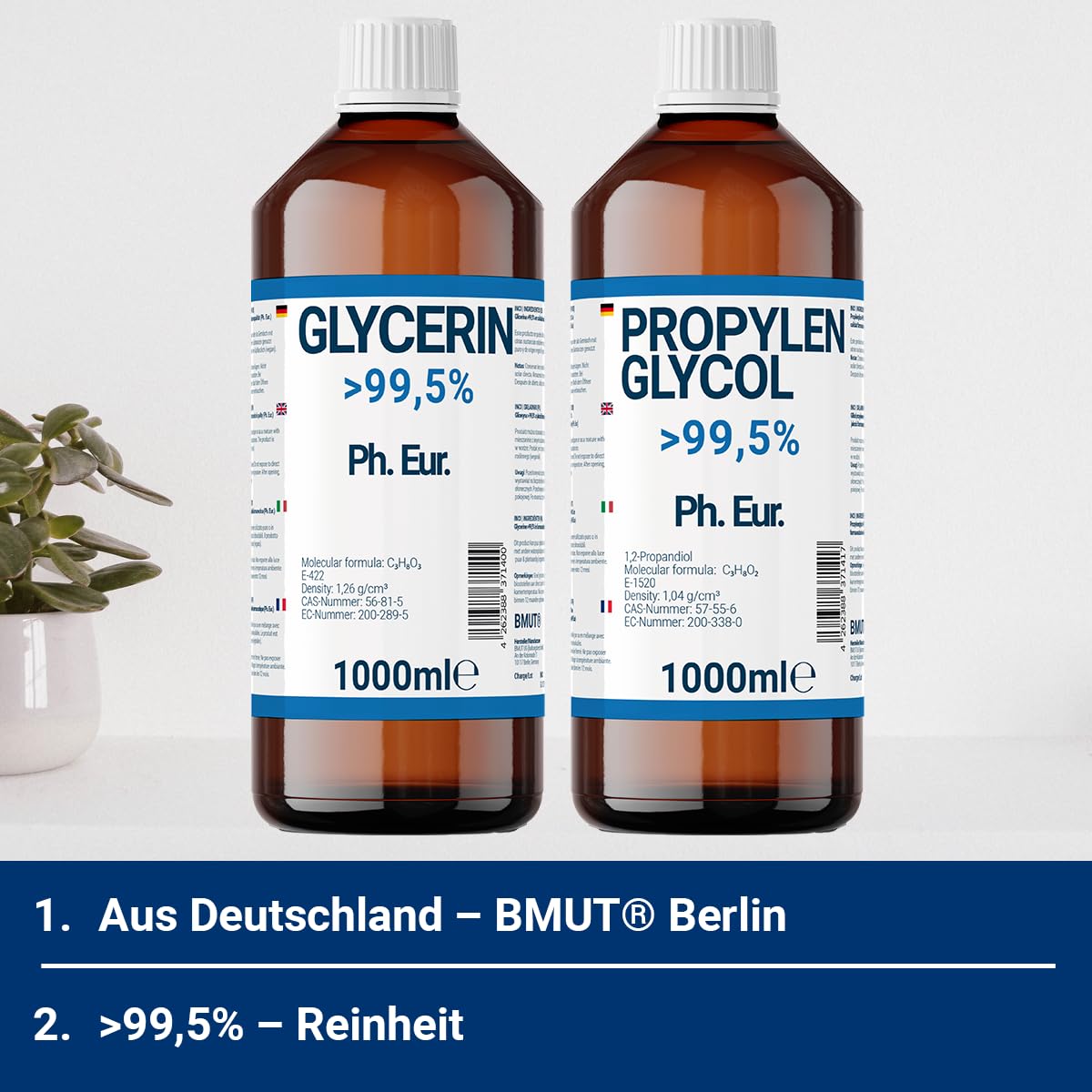 1000ml Glycerin + 1000ml Propylenglycol in Pharmaqualität | >99,5% | Rein | E422 + E1520 DIY