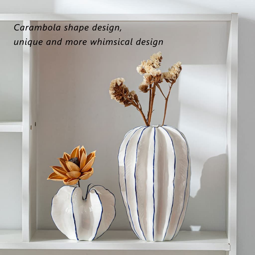 DUNAKE Blumenvase Set 2, Weiße Keramik Vase Modern, Knospen Vasen-Set In Sternfruchtform, Dekoratives Vasen-Set Für Moderne Wohnkultur Auf Dem Bauernhof (Color : White)