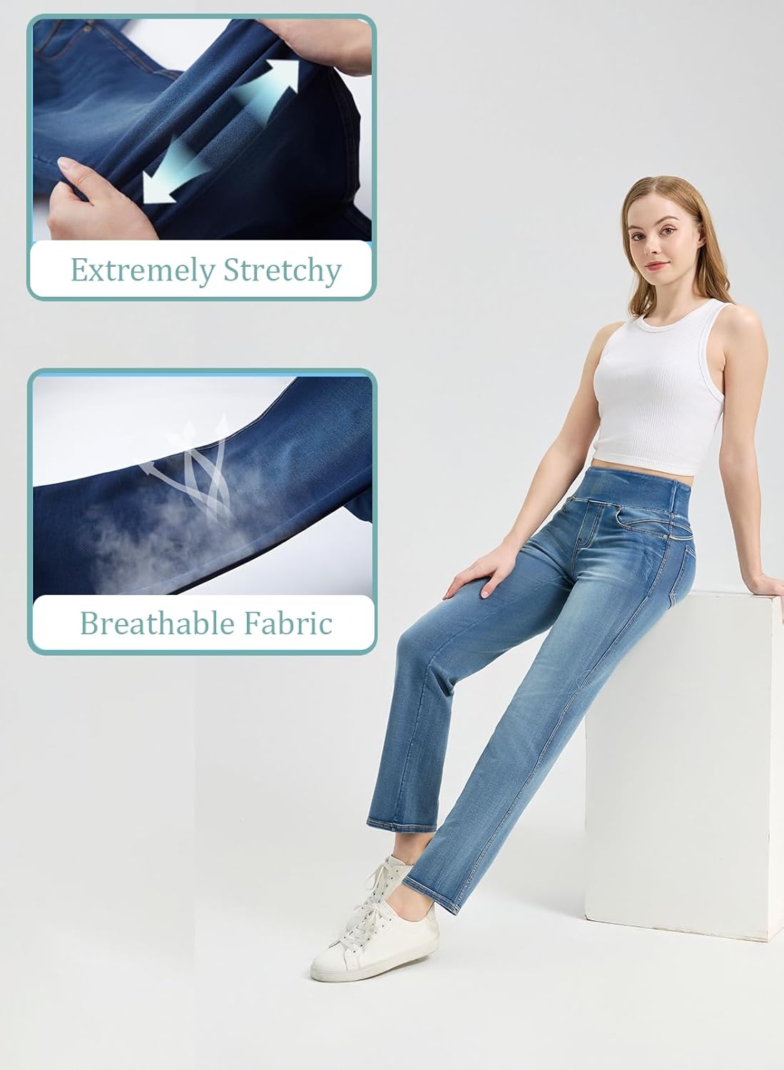 Women's High Waisted Straight Leg Jeans Tummy Control Stretchy Denim Pants, Soft Comfortable Fit Casual Work Office Wear - Image 4