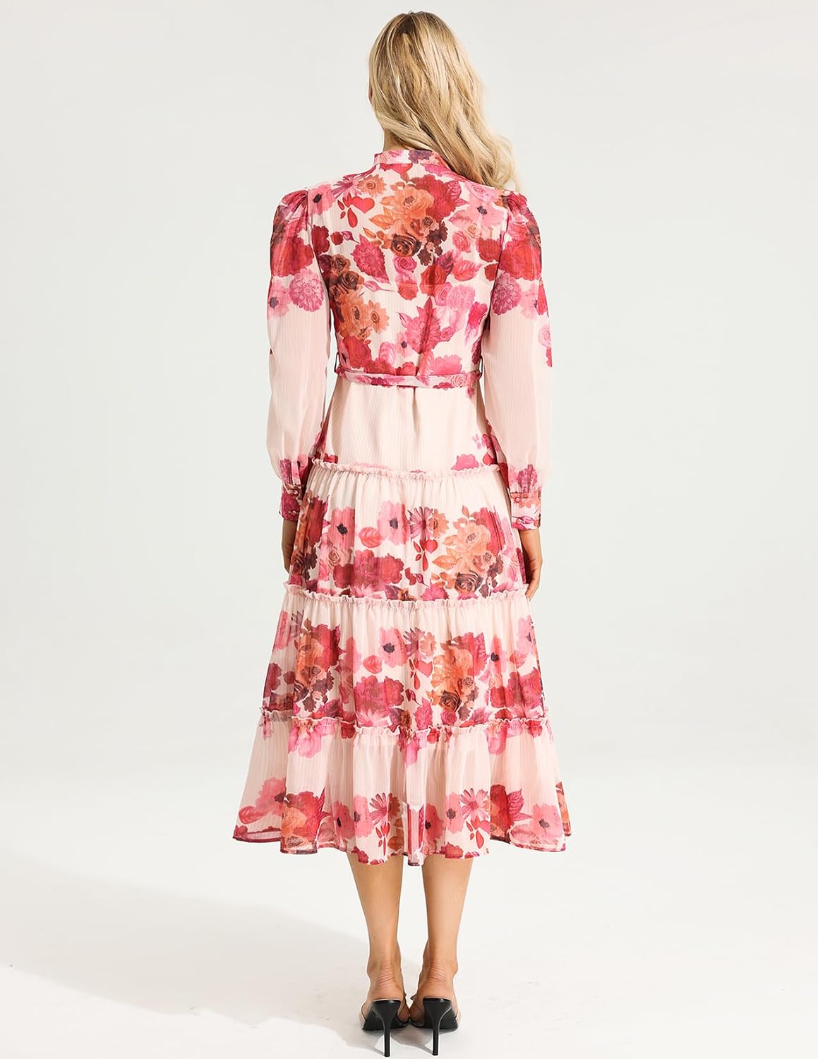 Pink Tea Party Dress Maxi Elegant Button Down Dress Lantern Sleeves V Neck Printed Dress Chic Fall Dress