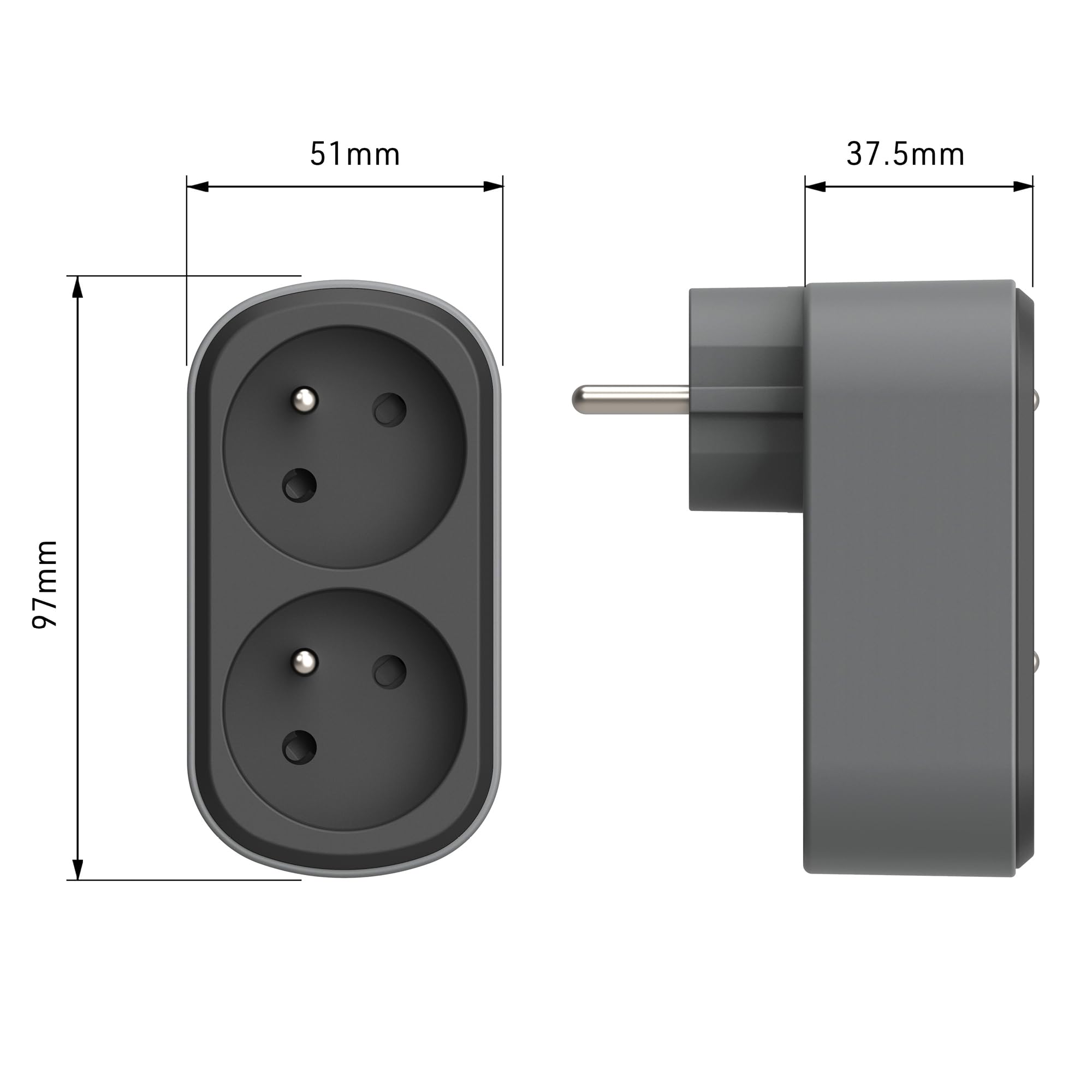 Electraline 531197 Adapter wtyczki multiprzedłużacza Biplite Prima 2 gniazda francuskie 16 A, adapter ścienny, czarny/szary