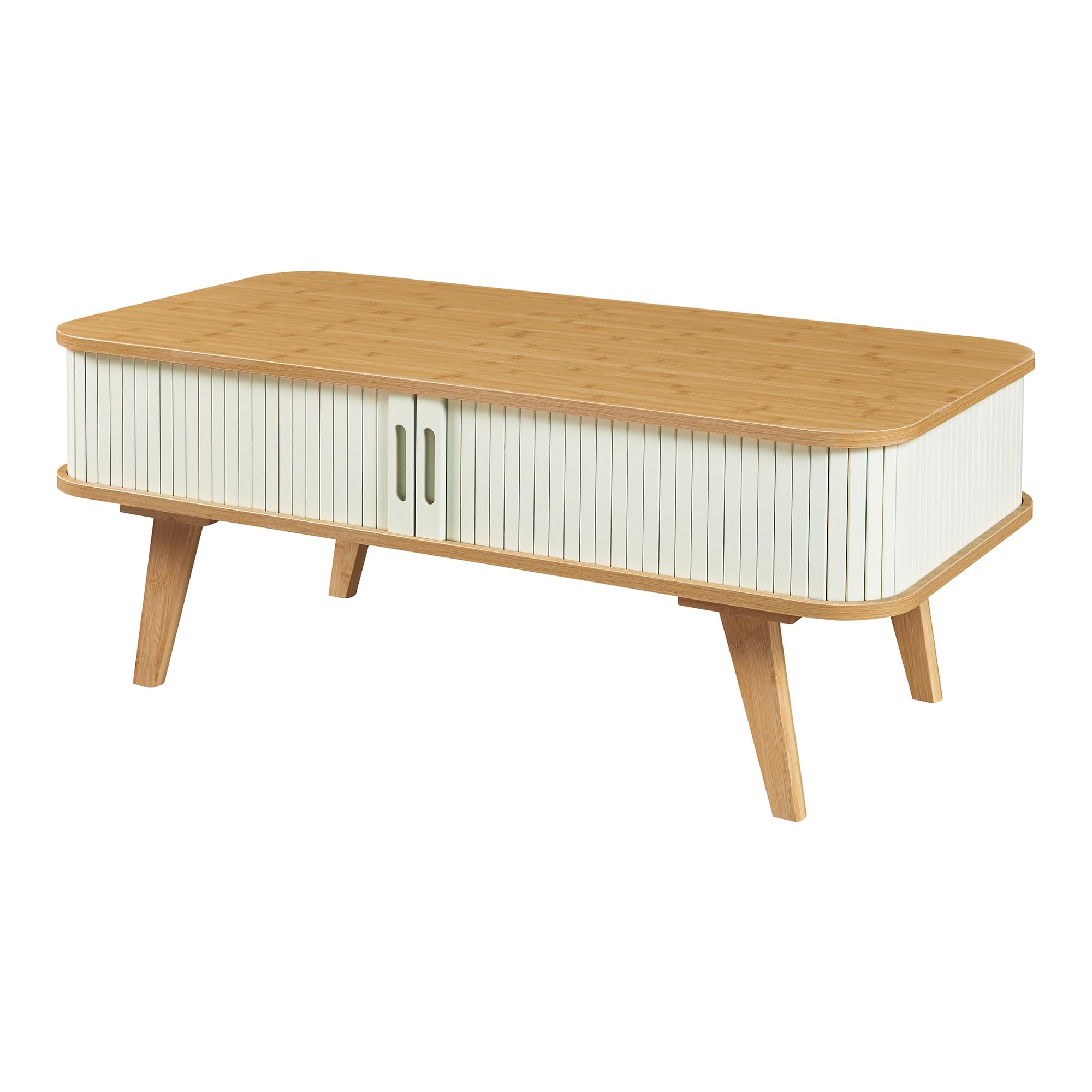 [en.casa] Table Basse Design Scandinave avec 2 Portes Coulissantes et Compartiment de Rangement Table d'Appoint Bout de Canapé Bambou MDF 100 x 50 x 40 cm Naturel Blanc Crème