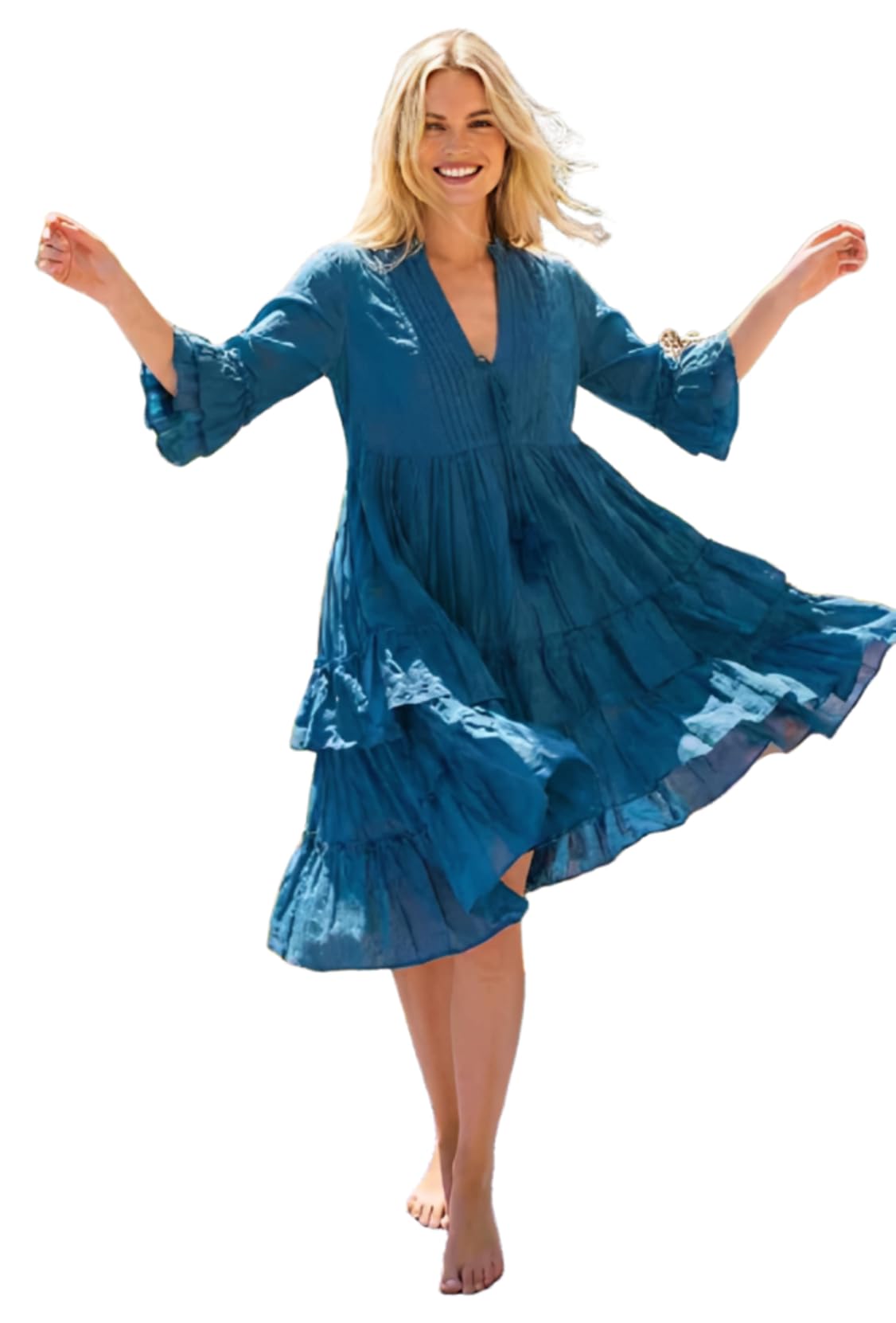 Antica Sartoria - Vestido Corto Mujer Muselina de Algodón Estilo Ibiza Bohemio con Mangas 3/4, Diseño y Abertura Delantera Mediterráneo Elegante y Femenino