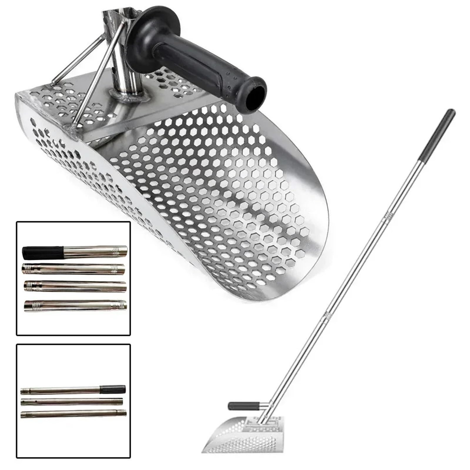 Rastrillo per pulci di sabbia Pala in acciaio inossidabile con manico lungo, pala for sabbia in , setacciatura della , esplorazione spiaggia(4 sections)