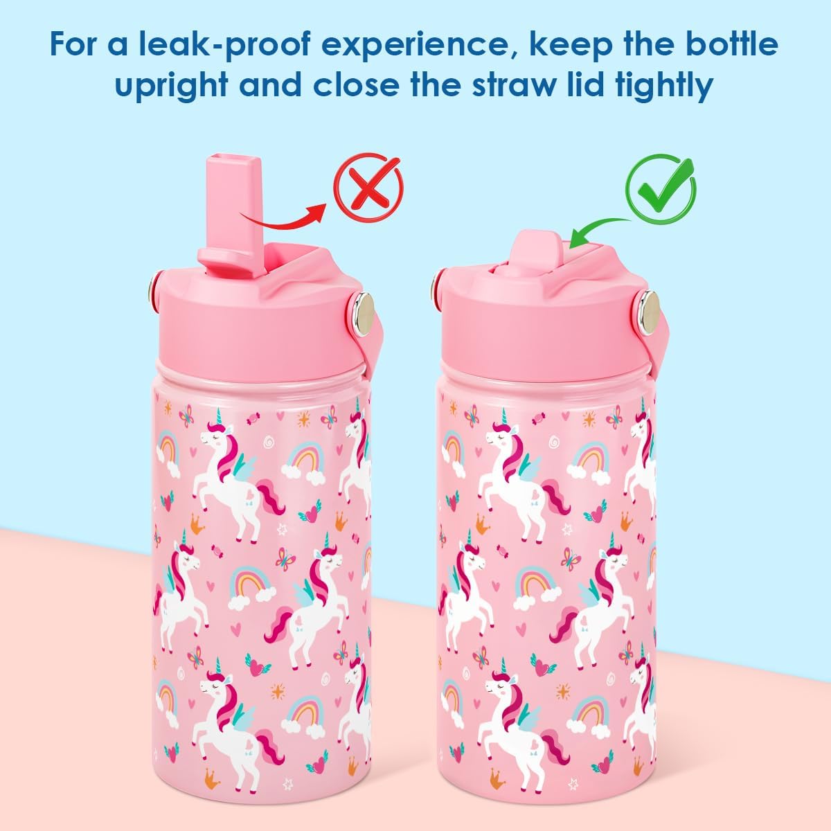 SANDJEST Kids Water Bottle with Straw Lid, Pack of 2 Insulated 12 Oz Stainless Steel Water Bottles for Girls, Travel Cup for School Sports, Unicorn - Mermaid - Image 3