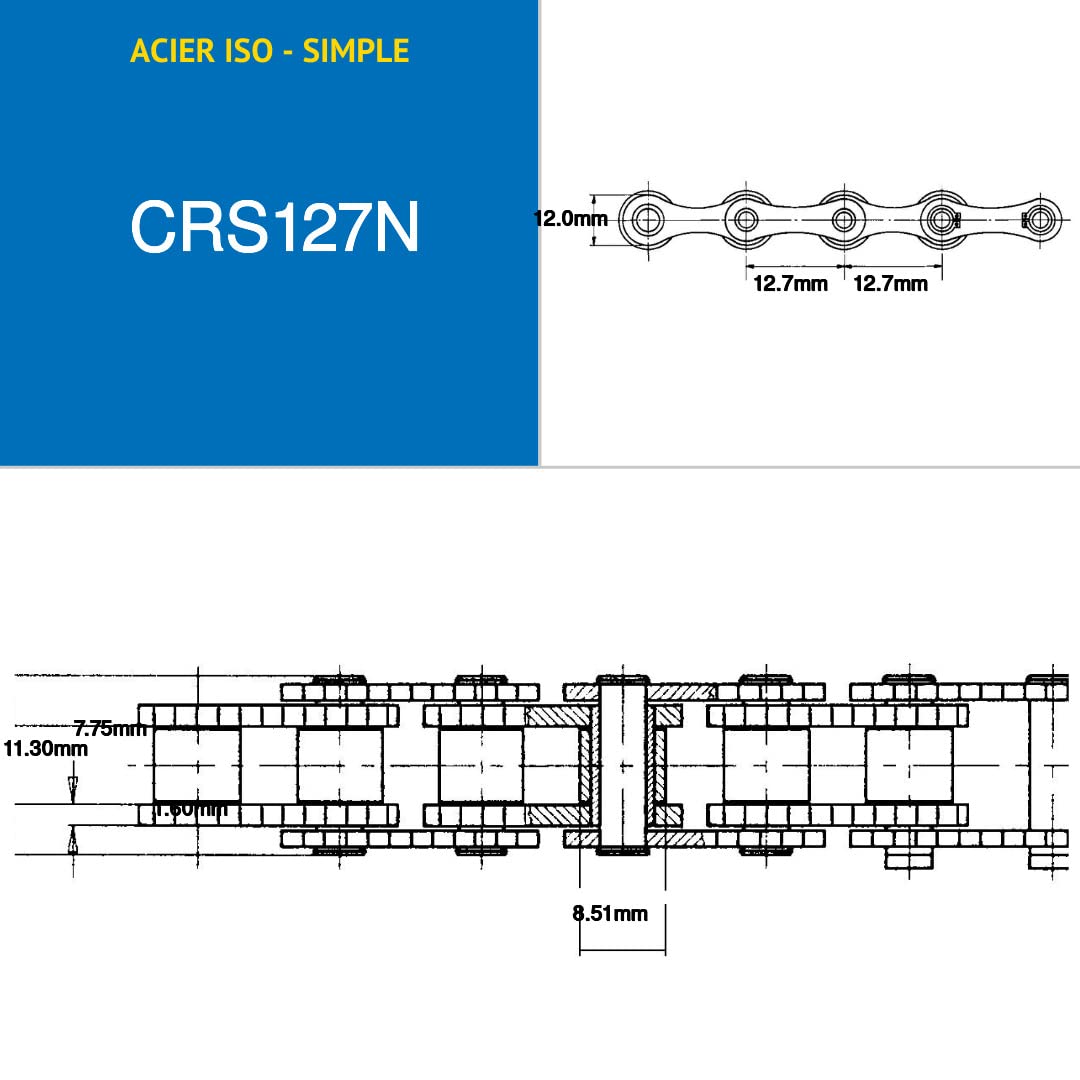 CMW CRS127N chaine de transmission simple 08B-1 ISO acier, pas de 12,7 mm en rouleau de 5 mètres