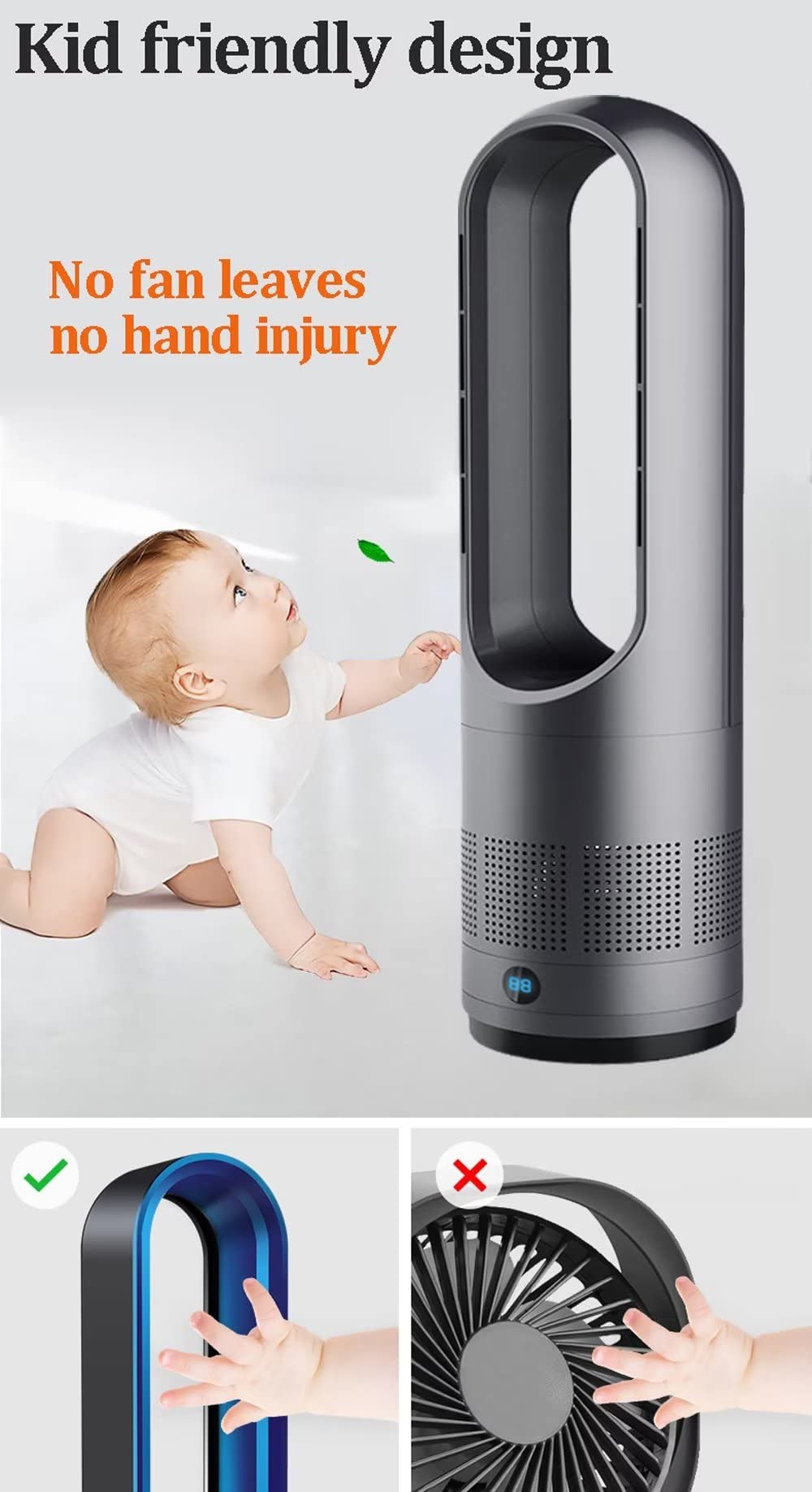 Nowoczesny wentylator wieżowy bez łopatek do użytku domowego, naturalne chłodzenie wiatru 40 W, oscylacja 80° z pilotem zdalnego sterowania, 8 prędkości, 8-godzinny zegar, wyświetlacz LED,