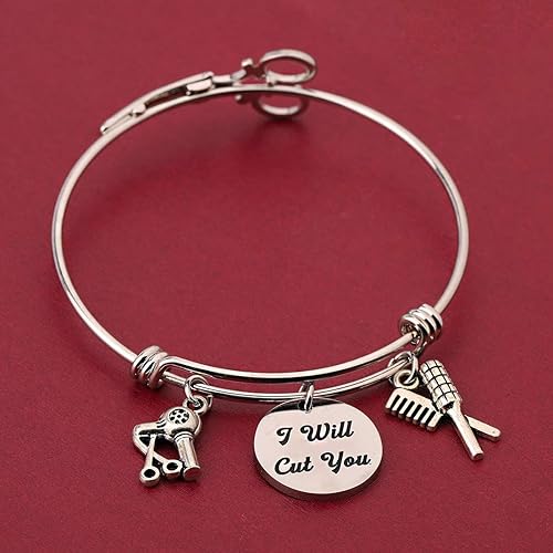 Miniatura 6 de HOLLP Pulsera extensible para peluquería para estilista de peluquería, regalo con texto en inglés "I Will Cut You", joyería de peluquería con peine