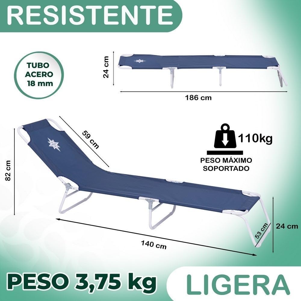 LOLAhome Tumbona Playa y jardín reclinable 5 Posiciones Convertible en Cama, Plegable, Estructura Acero Pintura Epoxi anticorrosión, Tejido loneta Oxford 600 D poliéster Azul Marino de 186 cm