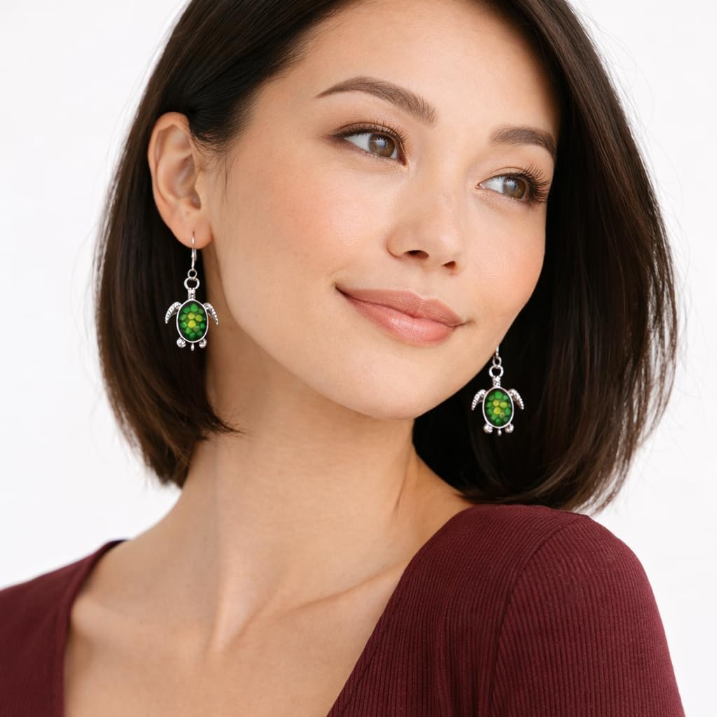 Green Sea Turtle Dangle Earrings for Women – Cute Silver Tone Turtles Jewelry with Shimmer Enamel Shell – Lightweight Hook Pierced Earrings, Ocean & Beach Theme Gift - Image 6