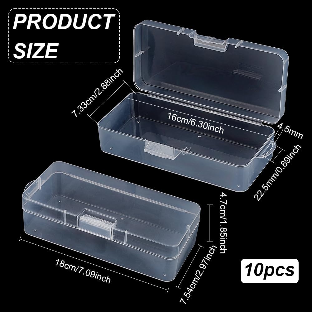 BENECREAT 10PCS Rectangle Plastic Container Box, 7x3x2 Inch Clear Storage Organizer, Transparent Boxes with Hinged Lids for Beads Small Items Craft Items