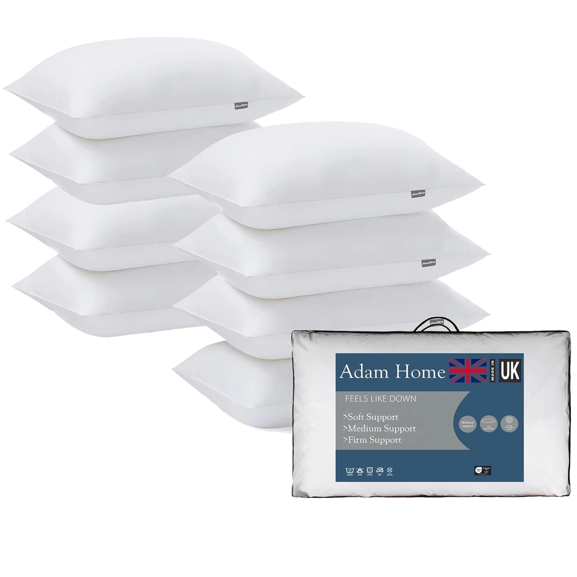 Adam Home Soft Support Pillows 8 Pack Hotel Quality Pillows Side Sleeper Bounce Back Bed Pillow Quick Rebound & Dust Proof Resistant Premium Filled Pillows Pack Of 8