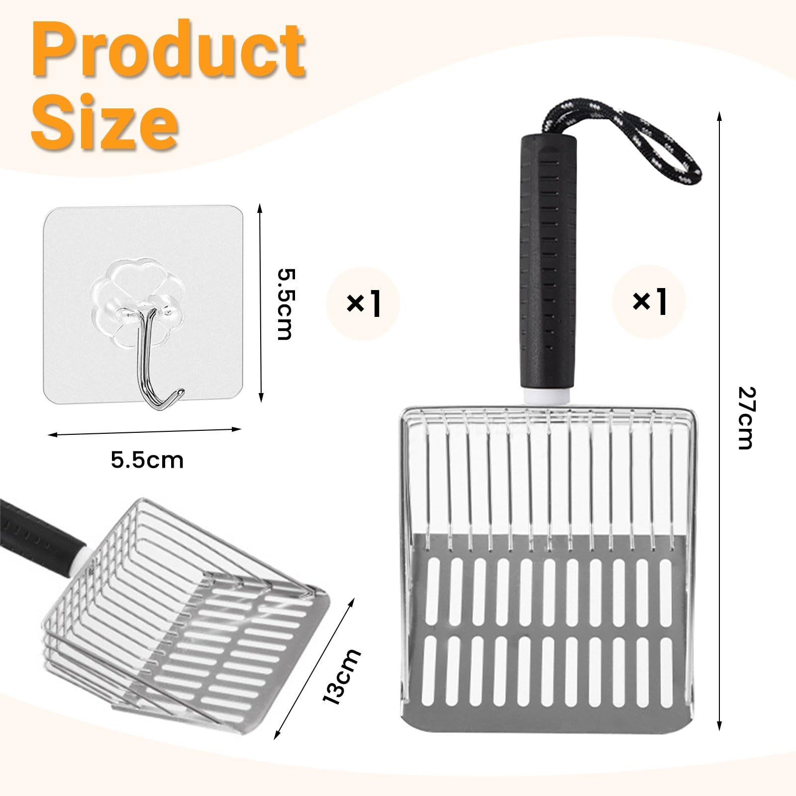 LunarCharm Cat Litter Scoop with Stainless Steel Hook, sturdy and durable metal cat litter scoop, stainless steel sieve - Image 2