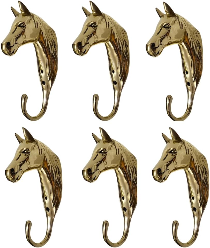 Brass Horse Head Wall Hooks – Set of 6 Sculptural Coat Hooks for Home, Office & Restaurant Decor