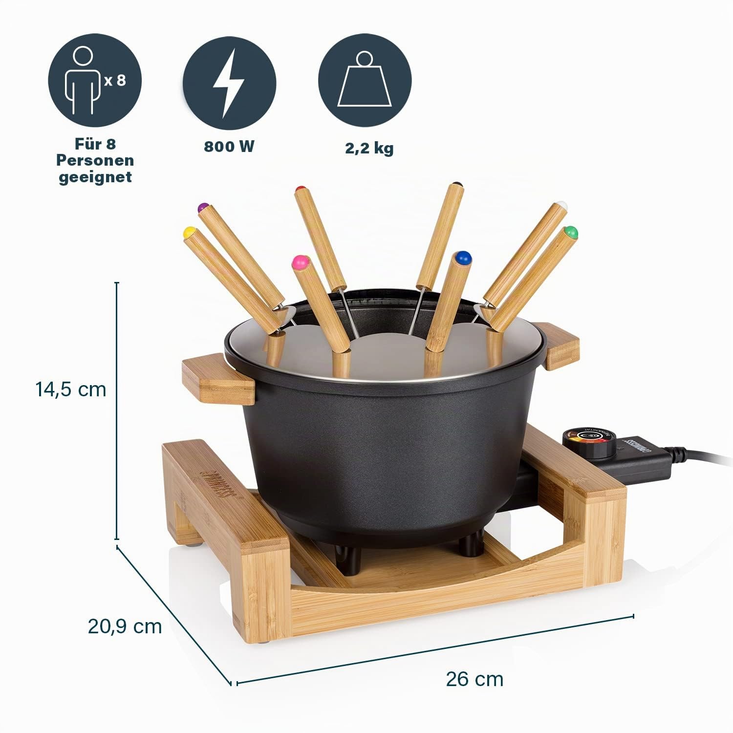 Princess Fondue-Set 1,5 L für 8 Personen – Bambus-Design, Antihaftbeschichteter Topf, einstellbarer Thermostat, inkl. 8 Gabeln, ideal für Käse-, Fleisch- und Schokoladenfondue, leicht zu reinigen