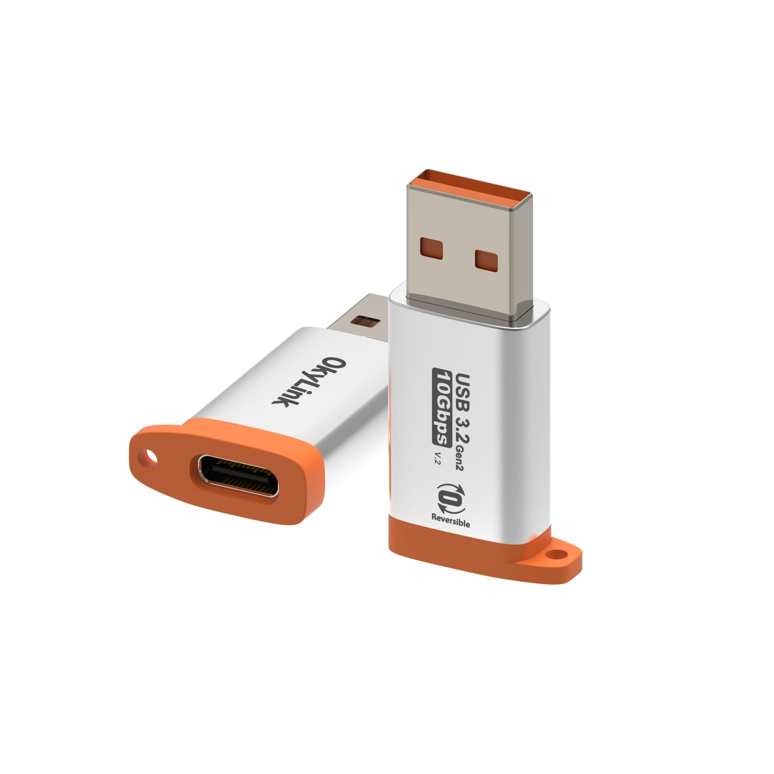 OkyLink Adaptador USB-A a USB-C – USB 3.2 Gen 2 10Gbps transferencia de datos de alta velocidad – Carcasa de aluminio naranja duradera – Puerto reversible USB A macho a USB C hembra para carga rápida