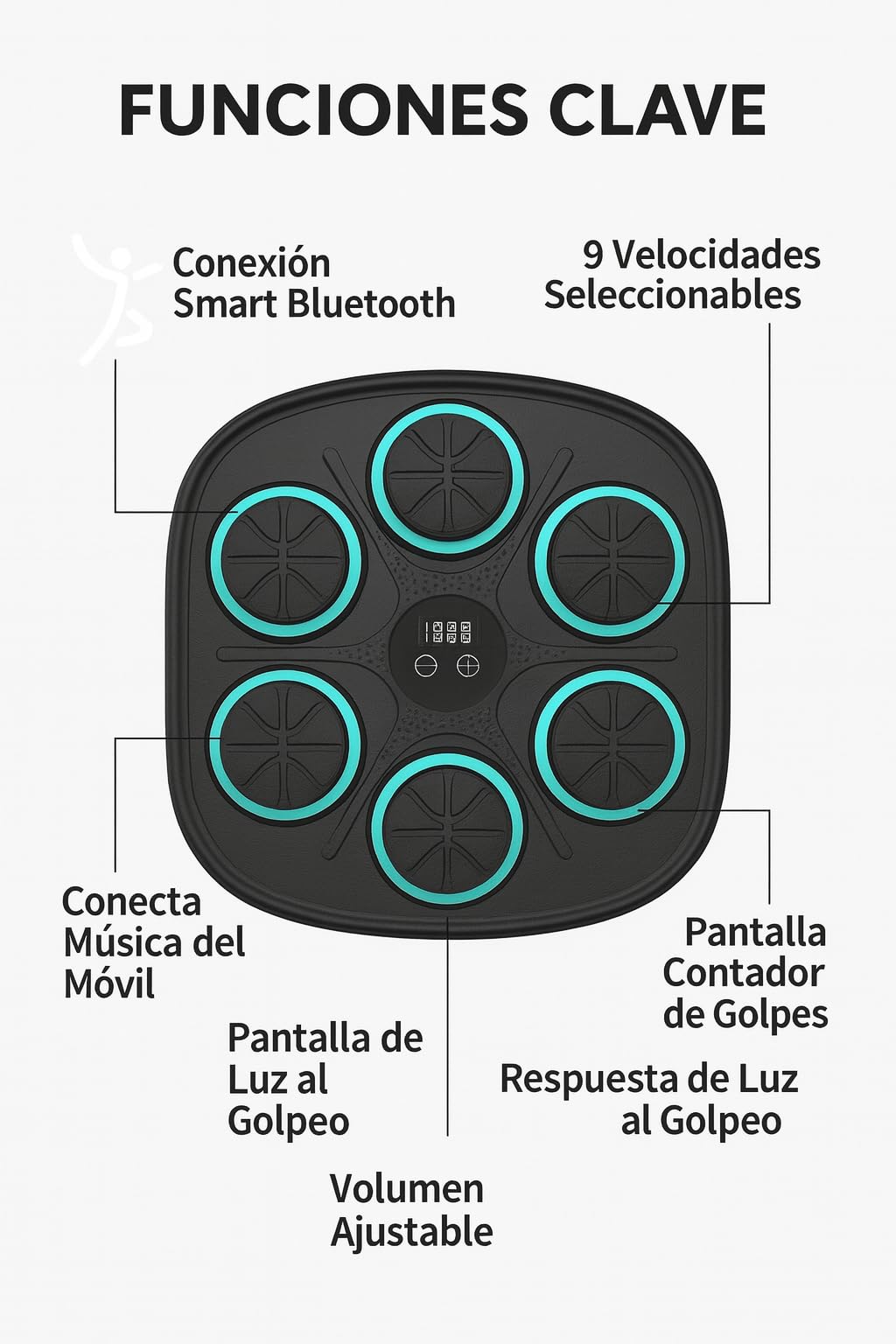 Máquina Boxeo Musical Inteligente con Luces LED – 9 Modos y Velocidades, Bluetooth, Contador de Golpes, Respuesta de Luz al Golpeo, Entrenamiento Fitness para Adultos y Niños – Instalación sin Taladro