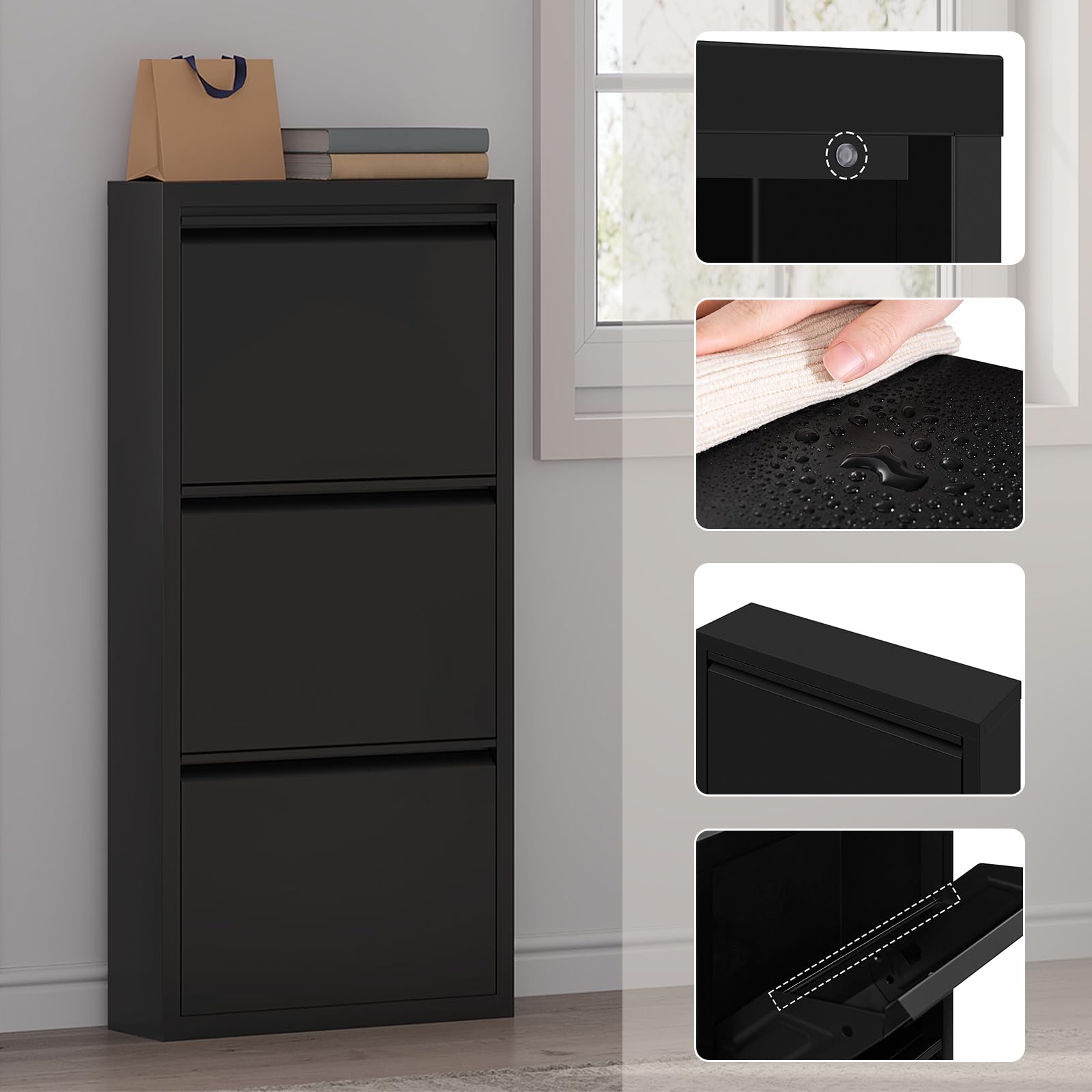 WOLTU Schuhschrank, mit 3 Klappen, Schuhregal, Schuhkipper, für 6-9 Paar Schuhe, aus Metall, für Flur Wohnzimmer, 50x106x15 cm, Schwarz