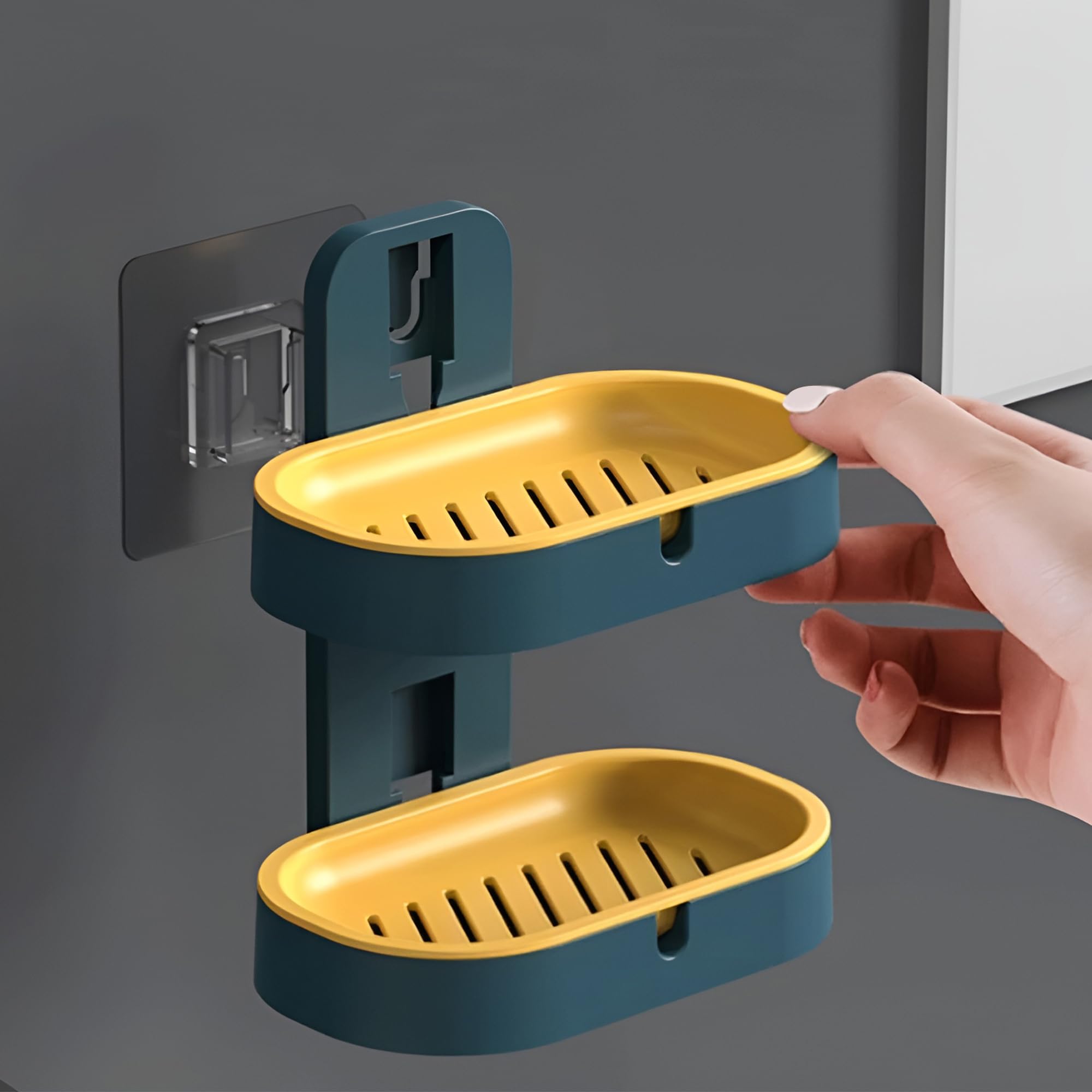 IBELL Wall Mounted Double Layer Soap Dish Holder with Drain Tray, Self Adhesive No-Drill Soap Stand for Bathroom & Kitchen | Plastic Soap Holder (10 x 15) cm