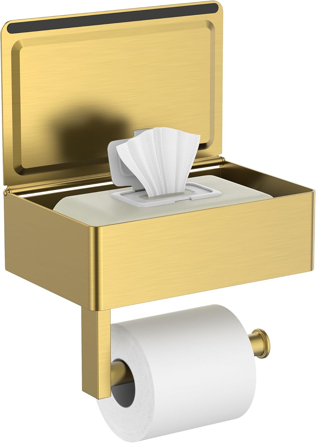 FORIOUS Toilet Paper Holder with Shelf, Sanitary Napkin Receptacle Tampon Holder, Wall Mount Toilet Paper Holder with Storage, Flushable Wipes Dispenser Fits for Bathroom Commercial(1, Brushed Gold)