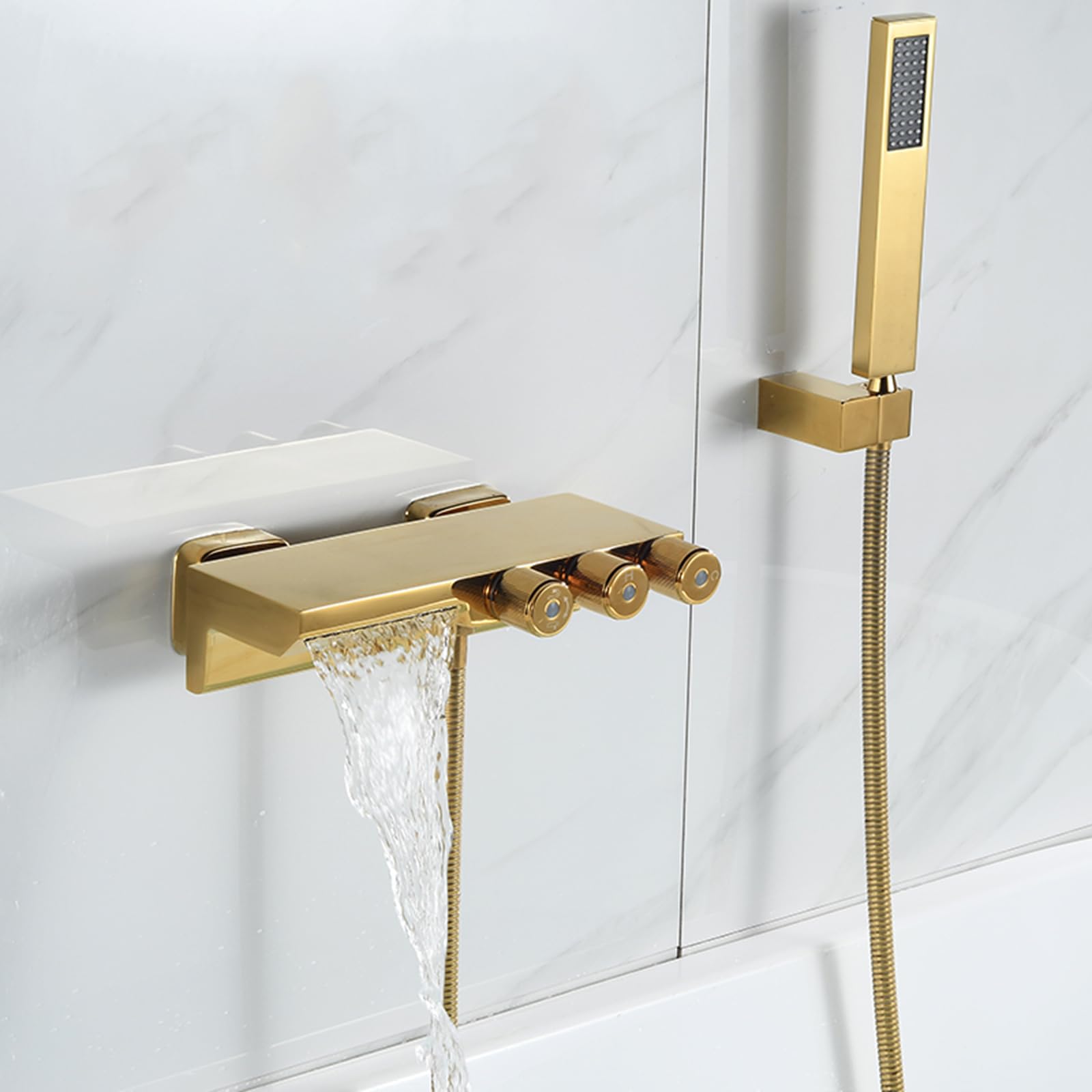 JYBNBBE Bath Mixer Taps with Shower Waterfall Hot and Cold Brass Wall Mounted Bath Shower Mixer Tap Brushed Gold (Gold A)