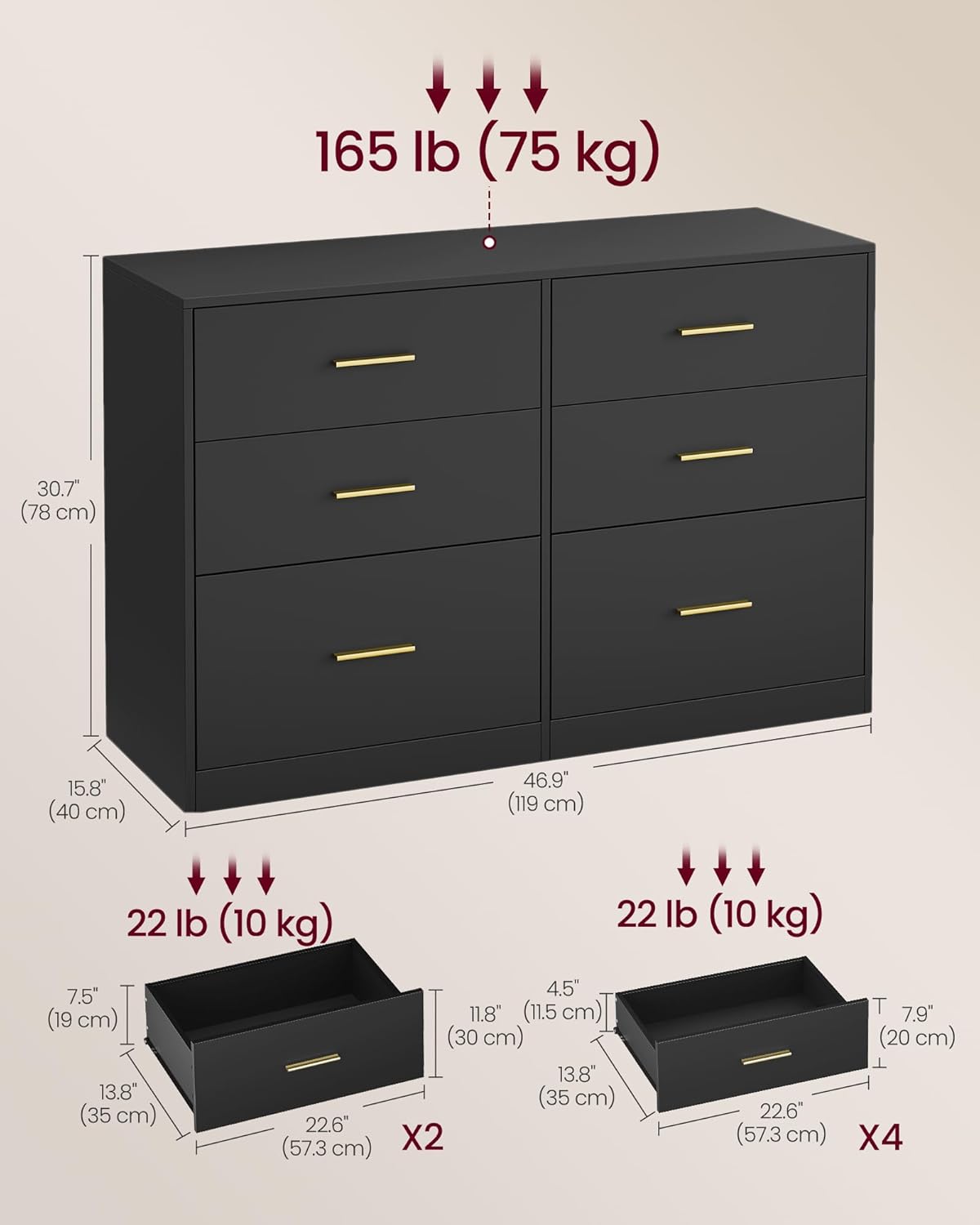 VASAGLE Custos Collection - Dresser for Bedroom, Chest of Drawers for Closet, Modern Style, TV Stand for Living Room, 6 Drawers, 15.8 x 46.9 x 30.7 Inches, Ink Black ULTS416BC01S