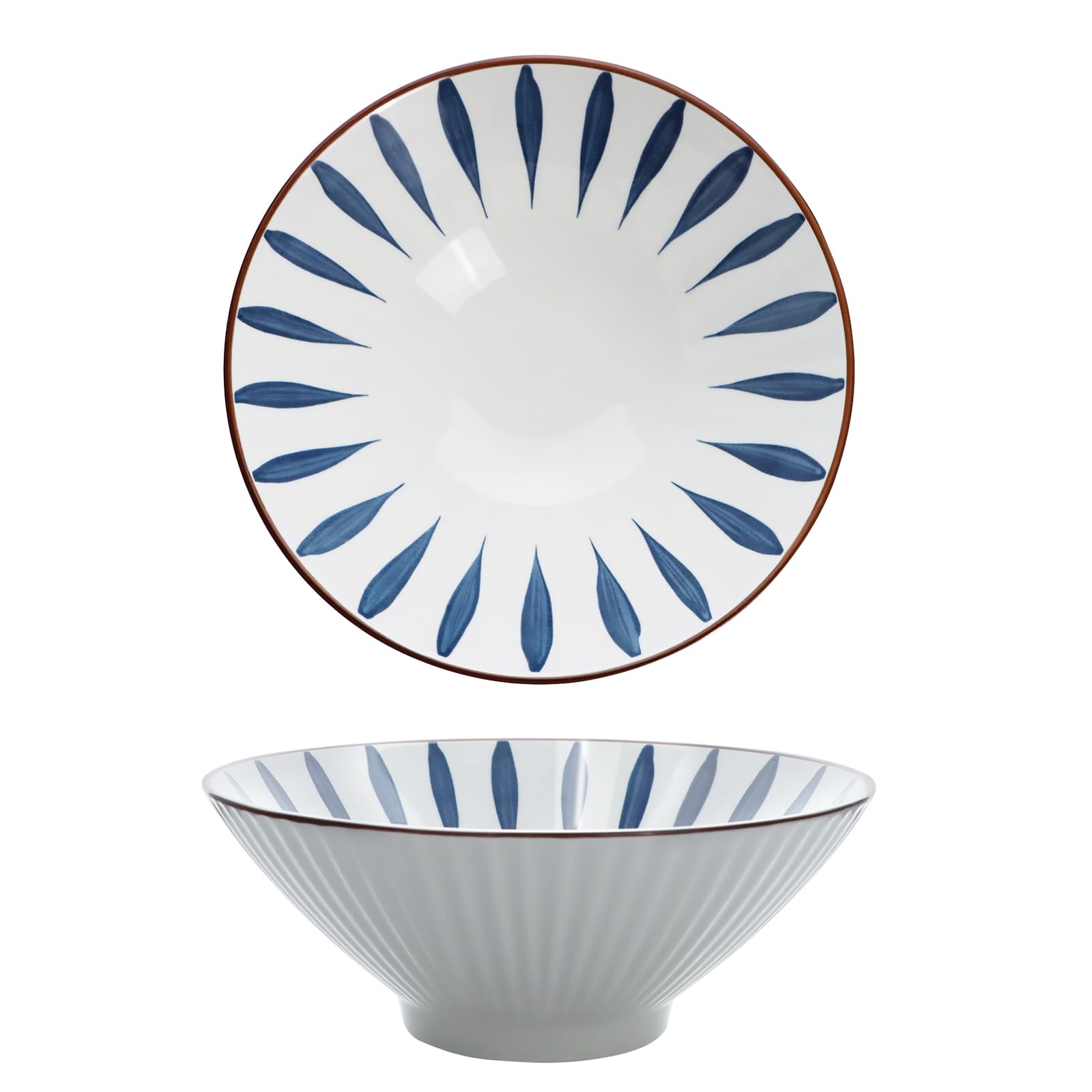 ICEBLUEOR Ceramic Ramen Bowls Set of 2, 20cm Porcelain Japanese Blue Leaf Pattern Noodle Bowls Serving Bowls, Large 800ml Soup Bowls for Ramen, Udon, Pho, Pasta, Salad Microwave & Dishwasher Safe