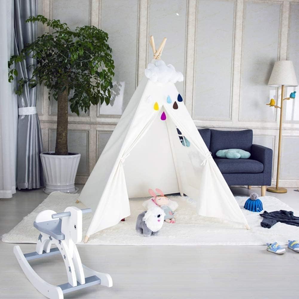 FOUR CLOVER Kids Teepee Tent Tipi Tents Foldable Play Tent Canvas - Kids Playhouse - Portable Kids Tent for Girls, Boys Children with Carry Case Indoor Outdoor, White