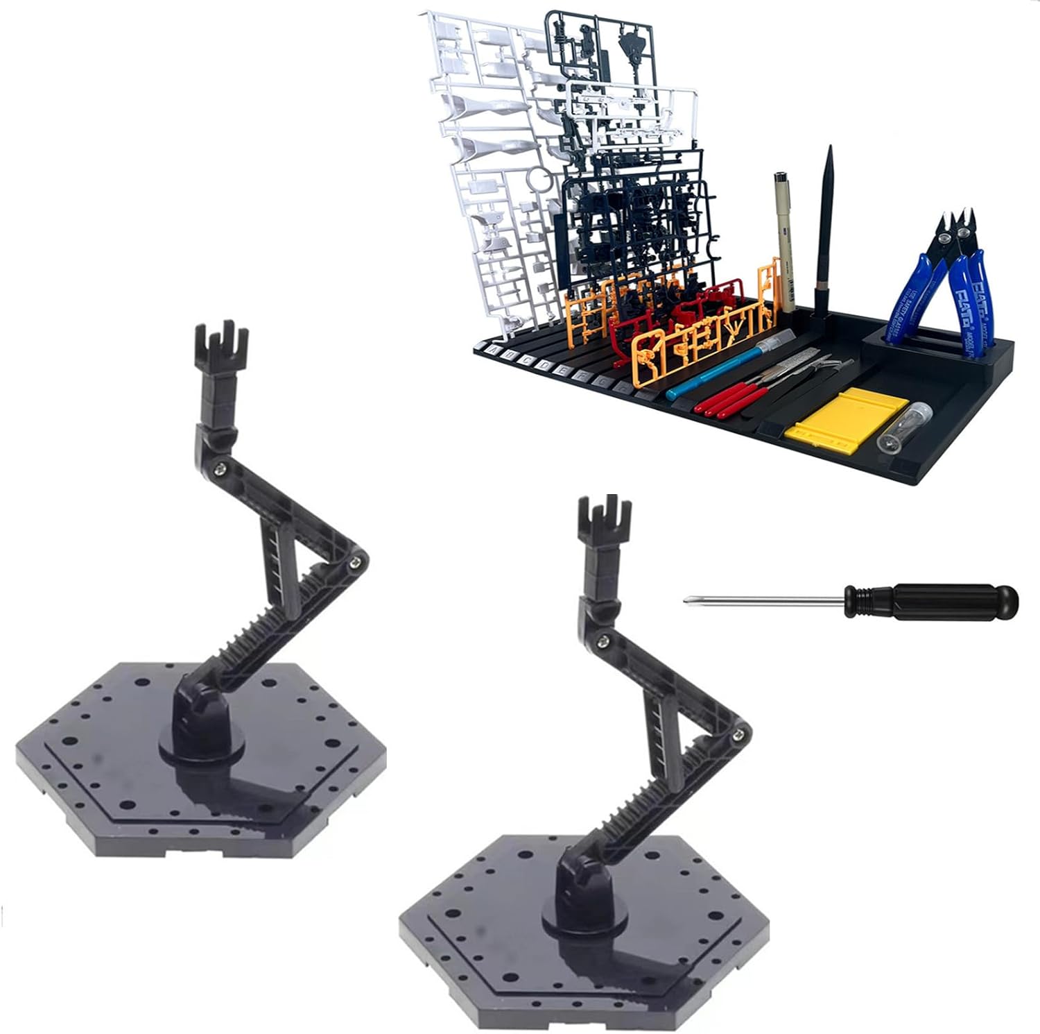 4-Piece Set Model Kit Display Stand and Runner Storage System with Action Base, Suitable for storing various tools,Suitable for Model Stand and HG, MG and RG Model Character Display Stand，Black.
