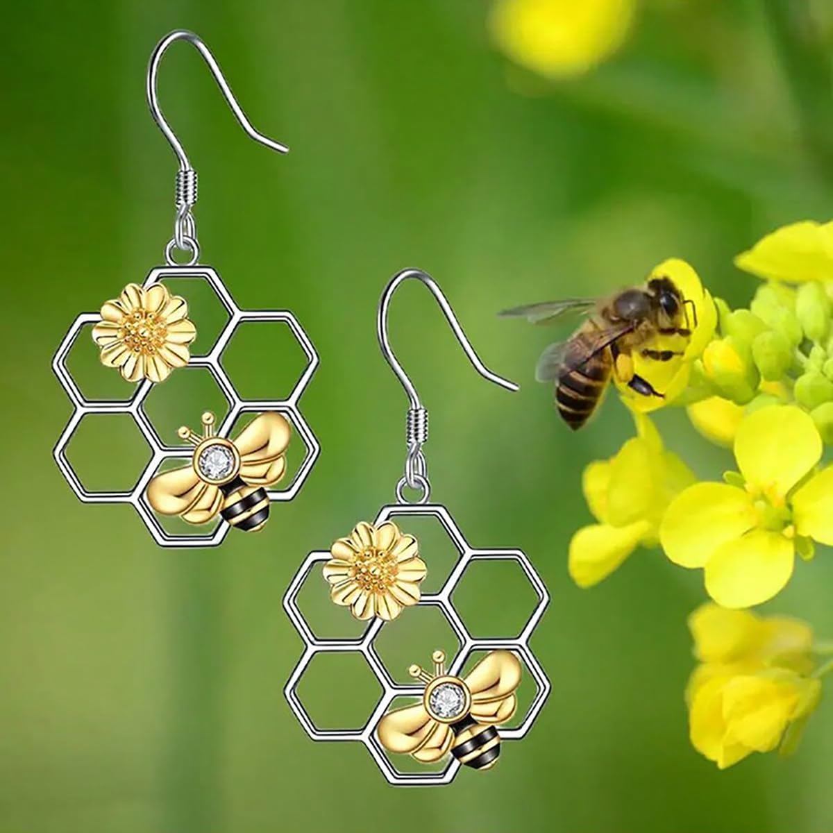 Bee Sunflower Honeycomb Earrings Lightweight Insect Bee Drop Earrings Jewelry for Women Gifts Plant Daisy Flower Dangle Statement Earrings - Image 2