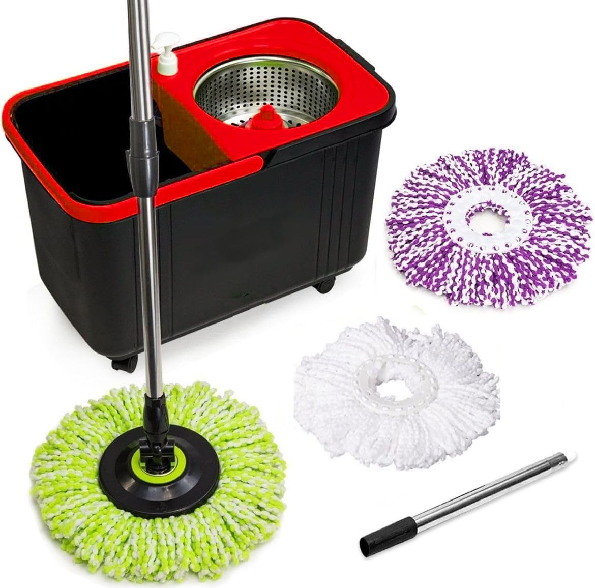 SIMPLI-MAGIC 360° Spin Mop and Bucket with Wringer – 3 High-Absorbent Microfiber Washable Heads, Soap Dispenser – Spinning Mop and Bucket Set for All Types Floor Cleaning Black/Red Rectangle