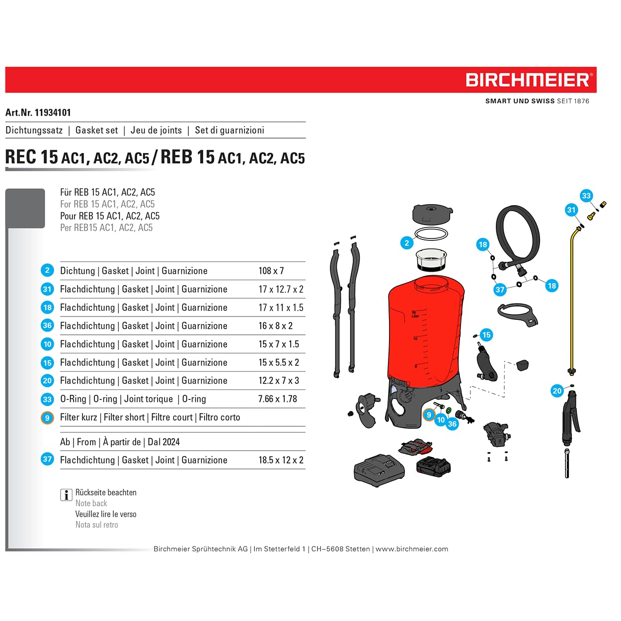 Set guarnizioni di ricambio per Birchmeier REC 15/REB 15