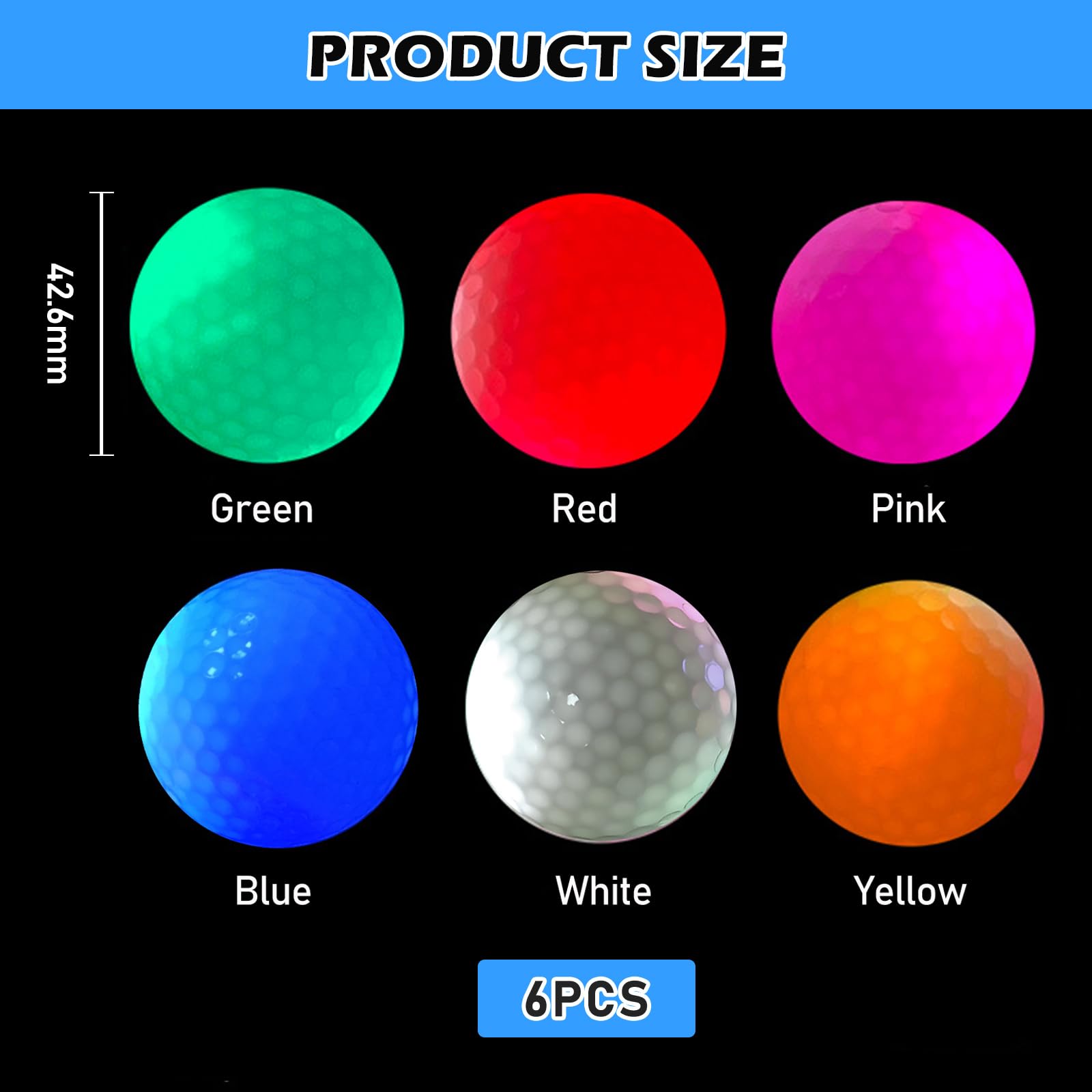 BORDEAG Lot de 6 balles de golf LED, balles de golf colorées pour entraînement nocturne