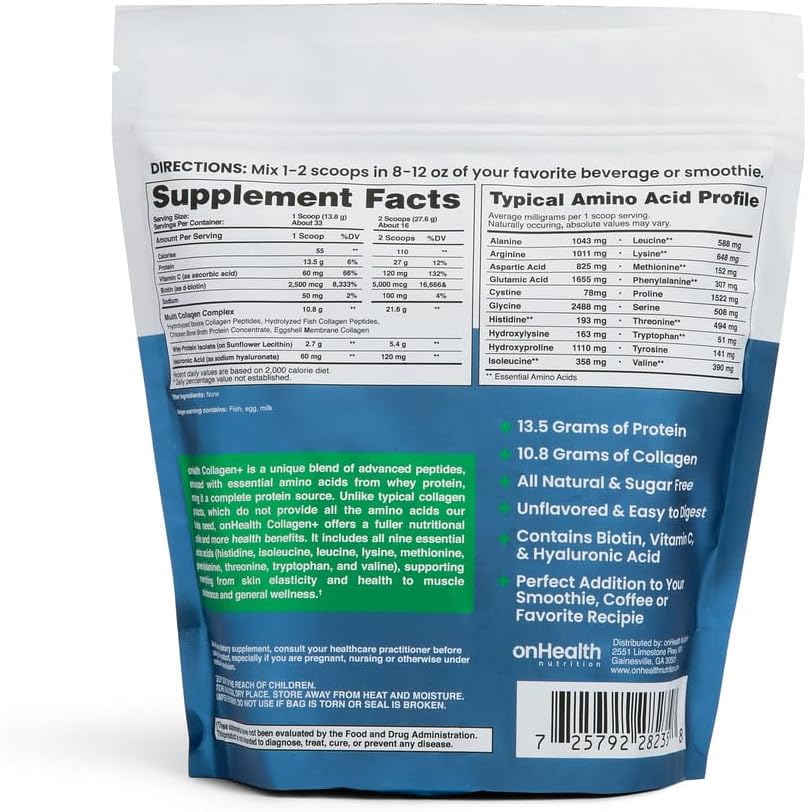 onHealth Multi Collagen Peptide Powder Types I, II, III, V & X Complete Protein with All 9 Essential Amino Acids Biotin, Hyaluronic Acid & Vitamin C Unflavored, Easy‑Mix Collagen for Women & Men
