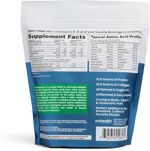 Miniatura 2 de Péptidos de colágeno, tipos I, II, III, V, X, proteína completa sin sabor en polvo con los 9 aminoácidos esenciales, biotina, ácido hialurónico y