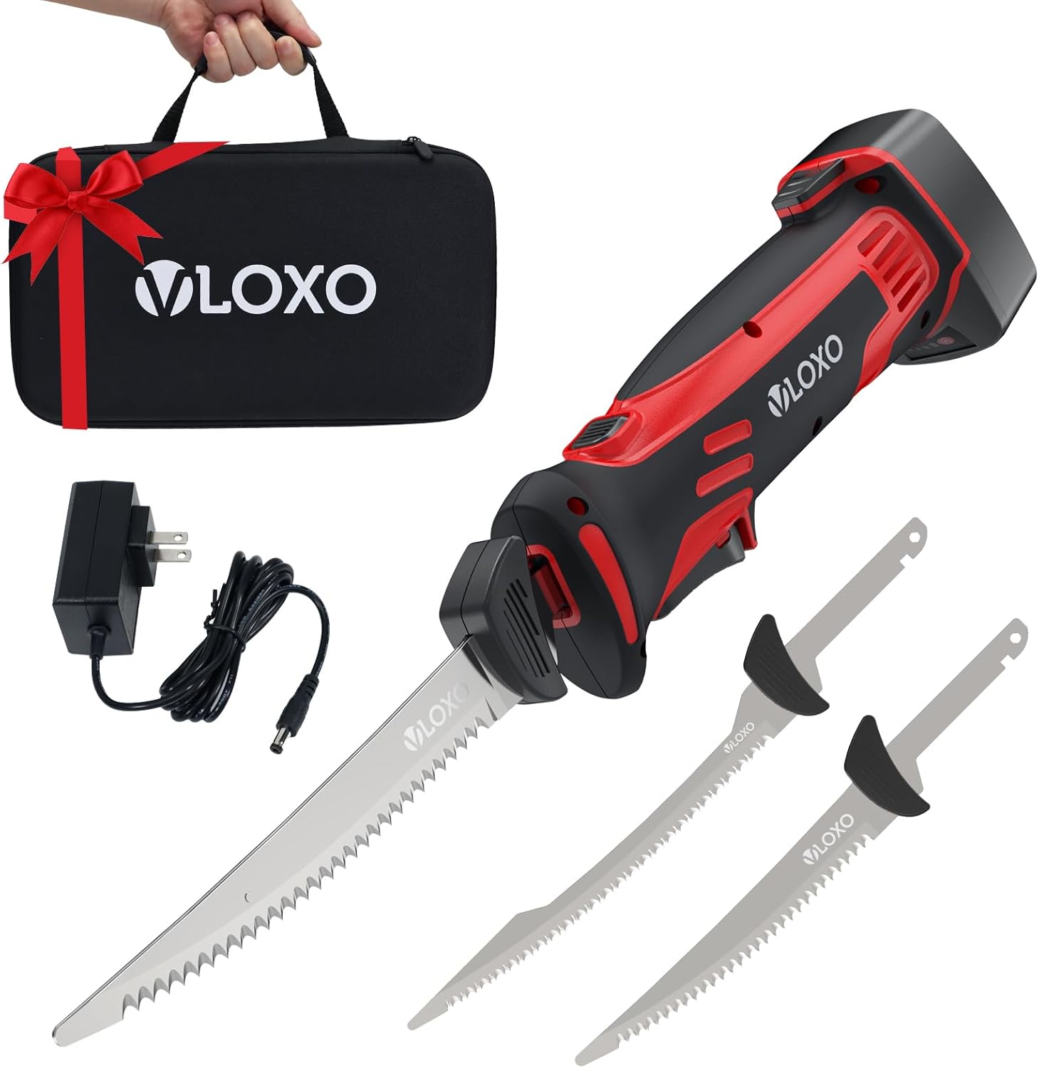 VLOXO Electric Fillet Knife-Cordless Electric Carving Knife with 2 Stainless Steel Blades Safety Lock Non-Slip Grip Rechargeable Electric Knives for Meat Slicing Turkey Bread Fish Includes Storage Case