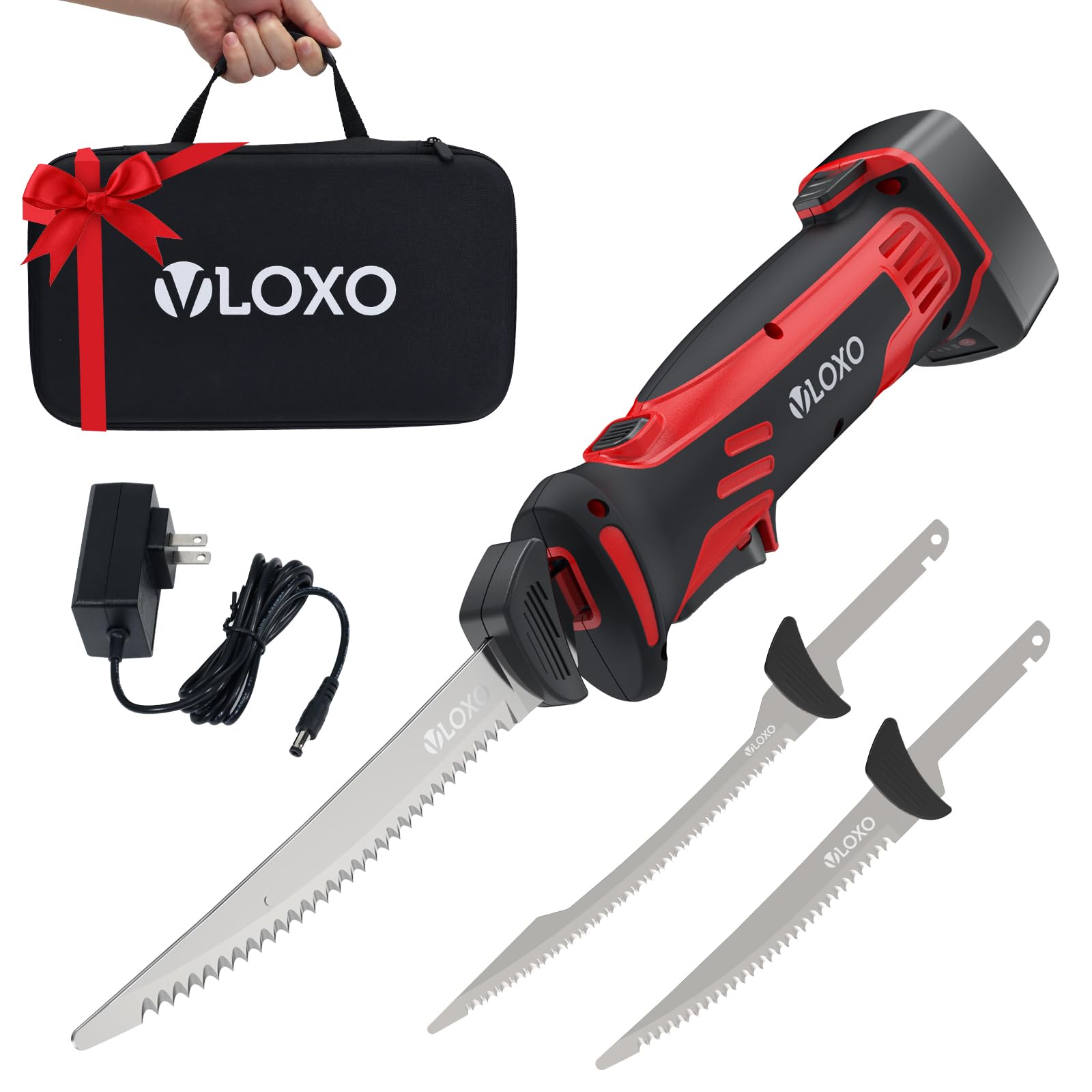 VLOXO Electric Fillet Knife Rechargeable Cordless Electric Knife with Non-Slip Grip Handle, 2 Ti-Nitride S.S. Coated Non-Stick Blades Electric Fish Knife Include Practical Handbag for Fishing