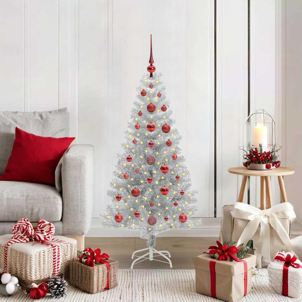 Choinka srebrna 120 cm, sztuczna choinka PET z 150 diodami LED o ciepłej białej barwie, stojak, zasilanie USB, do użytku wewnątrz i na zewnątrz, obrotowa konstrukcja