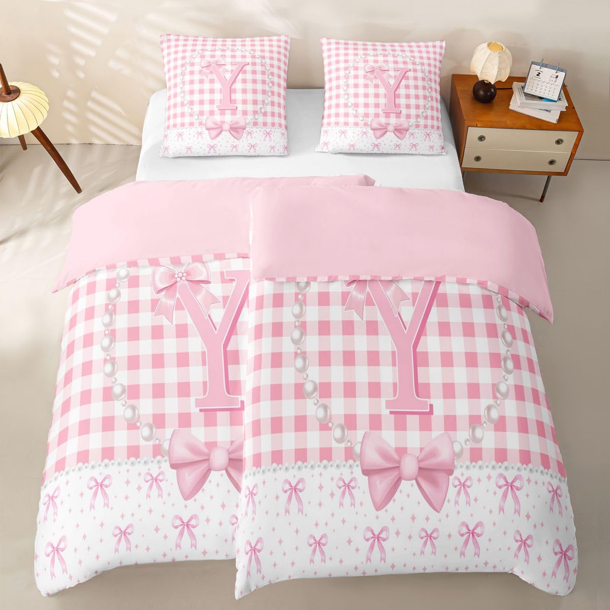 Homewish Rosa Monogramm Schleife Bettbezug 155x220cm 4teilig