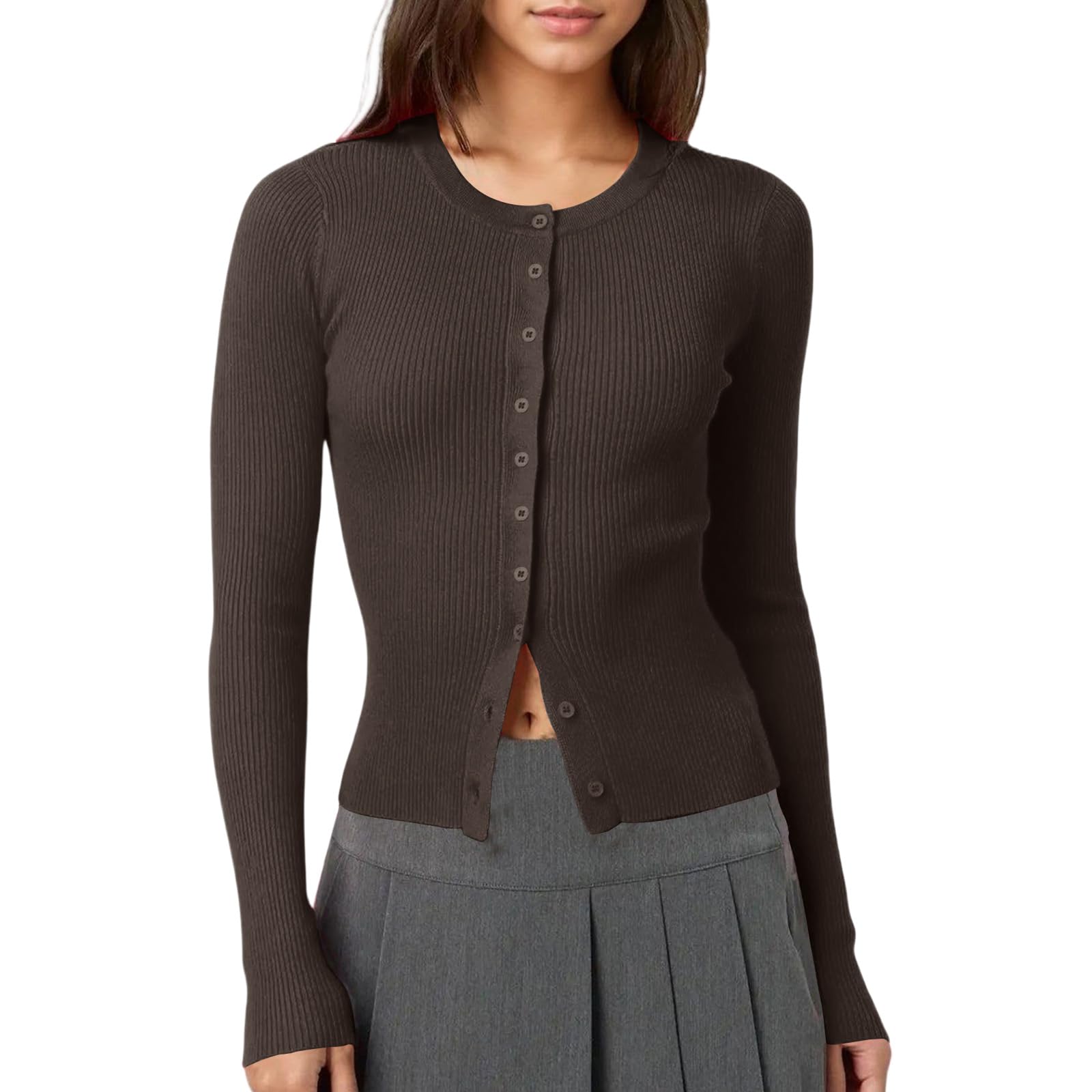 Long Sleeve Shirts for Women Button Down Ribbed Slim Fitted Cardigan Crop Tops Fall Casual Going Out Tops Blouses Y2k